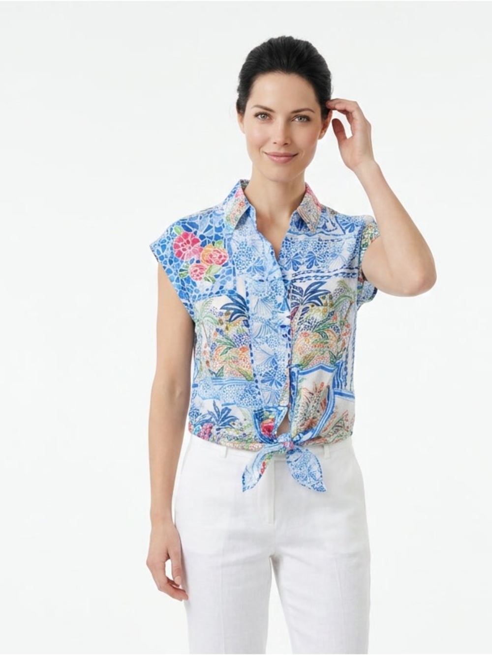 Sleeveless Blue Floral Tie-Hem Blouse small